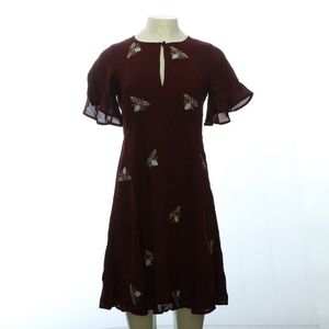 Moulinette Soeurs Burgundy Midi Dress with Embroidered Accents